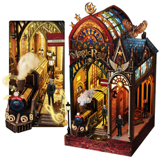PENIXEL Magic Train Station Book Nook Kit ready for shelf display.