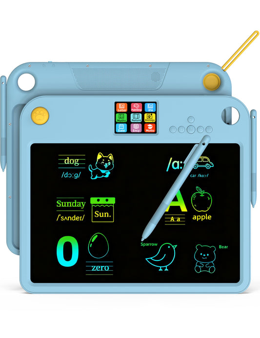 PEPEUNI LCD writing tablet front view shows dual-screen learning setup.