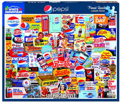 Pepsi advertising logos and retro packaging create a bold, colorful 500-piece challenge.