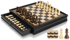 Peradix magnetic chess board with built-in drawers for organized pieces.