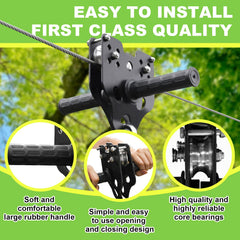 Perantlb zipline trolley with handle and seat for secure rides.