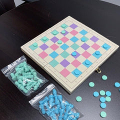 Colorful checkers pieces on the board designed for easy identification
