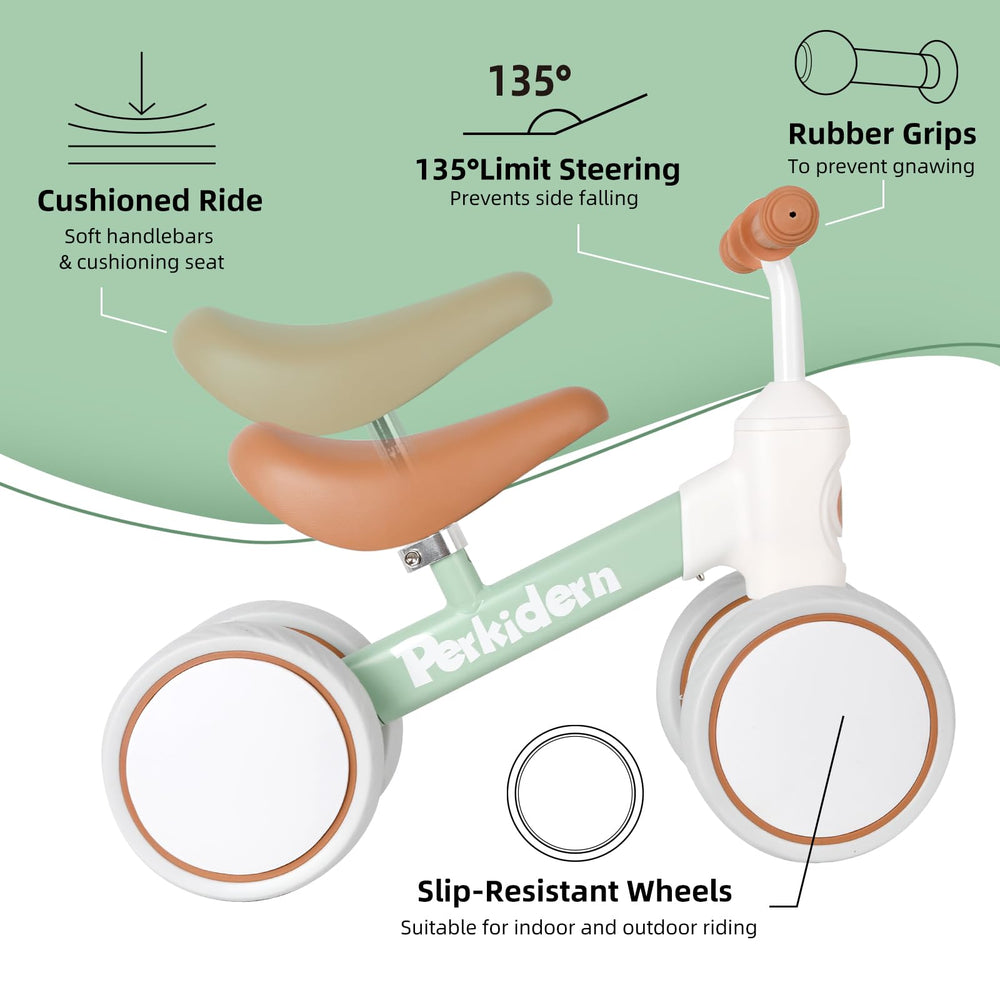 Four-wheel design from PerKidern reduces tipping risk during toddler practice.