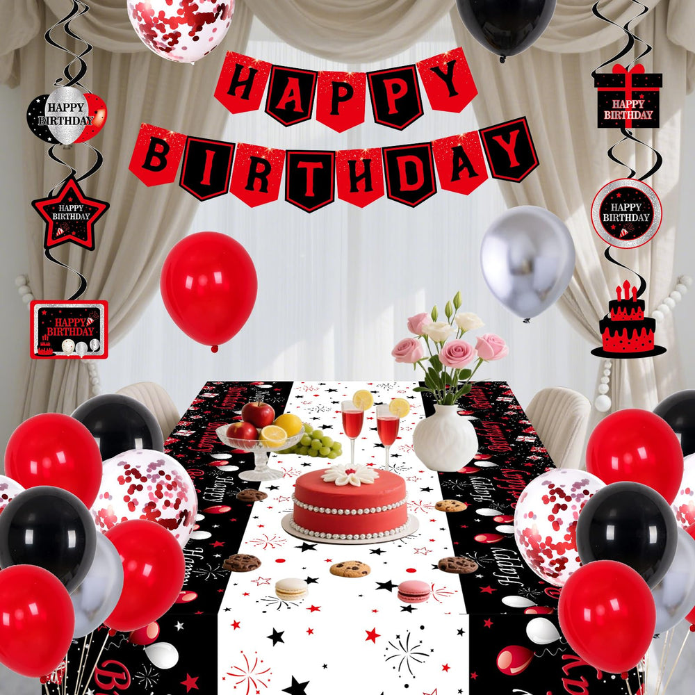 Perpetily balloon arch kit showcases a dramatic red, black, and silver arch for photos.