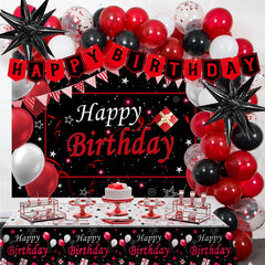 Perpetily 10-inch birthday balloons in red, black, and white for vibrant party decor.