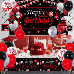Perpetily red confetti balloons add playful texture to your birthday décor.