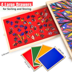 PETAZA puzzle board with color-coded drawers for organized pieces.