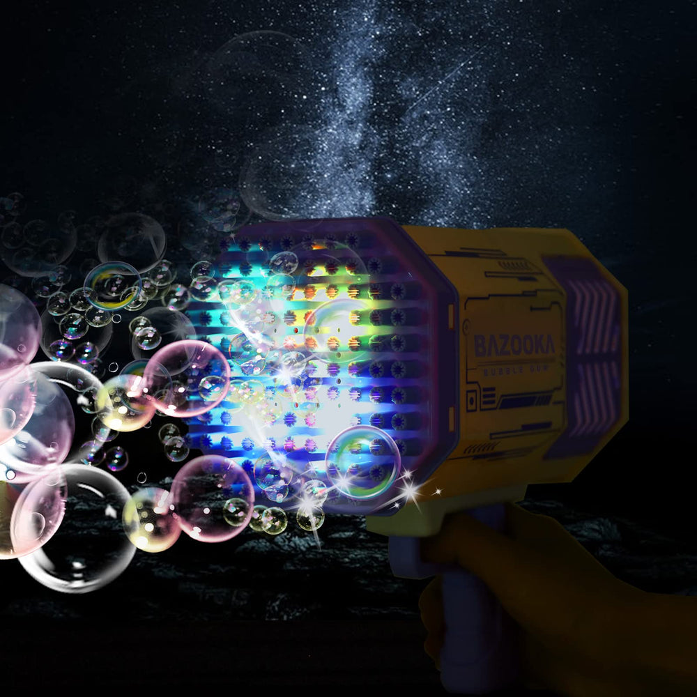 Petrella bubble gun LED lights brighten nighttime play sessions.