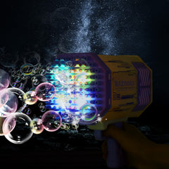 Petrella bubble gun LED lights brighten nighttime play sessions.