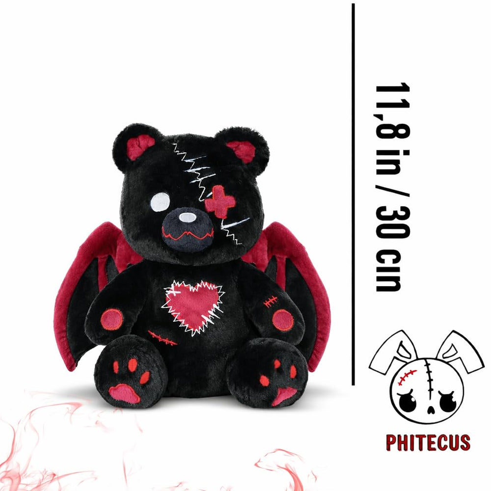 PHITECUS Gothic Bear Plush close-up of heart stitches for brave, edgy charm.
