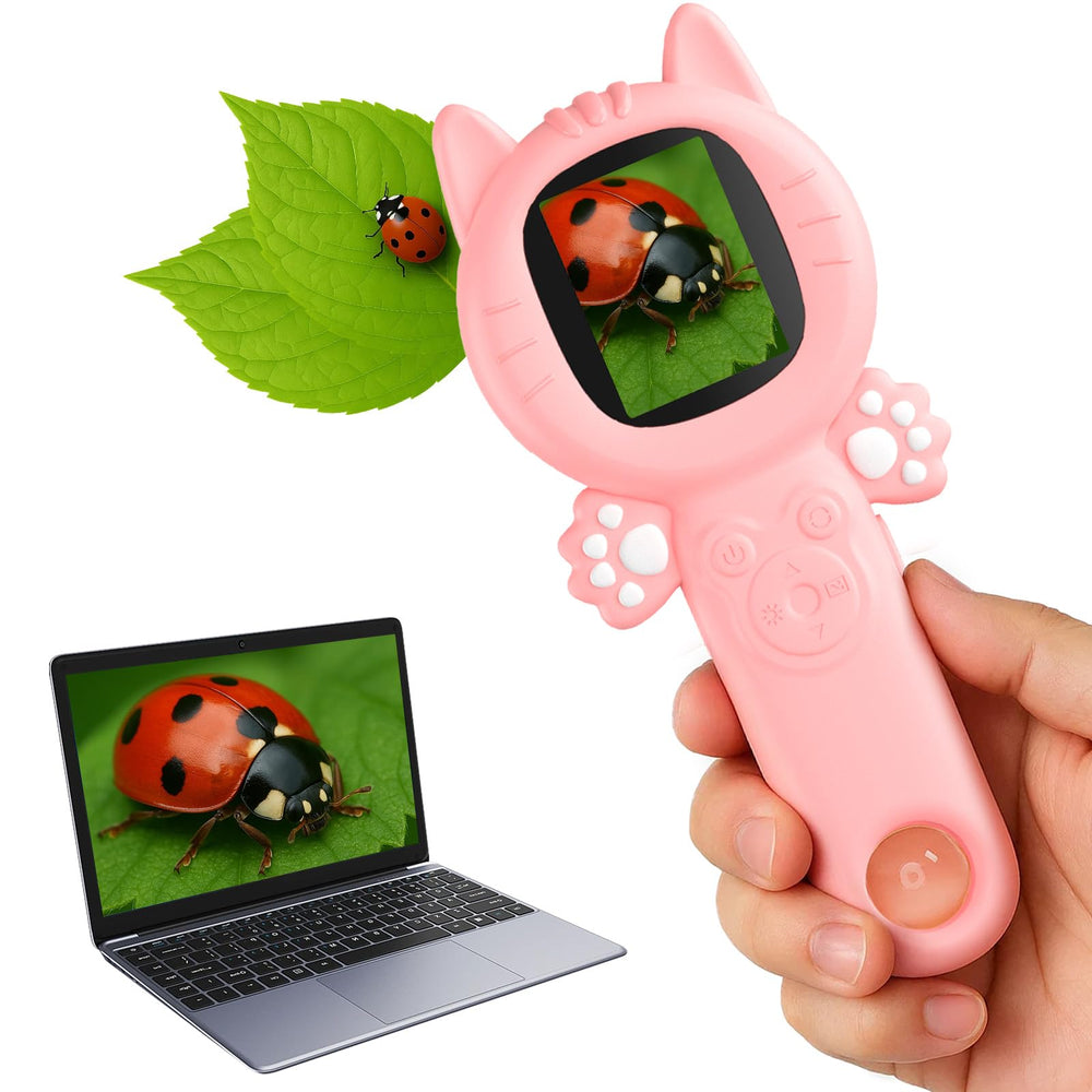 PHNIXGAM 2in1 microscope kid close-up shows portable, kid-safe design.