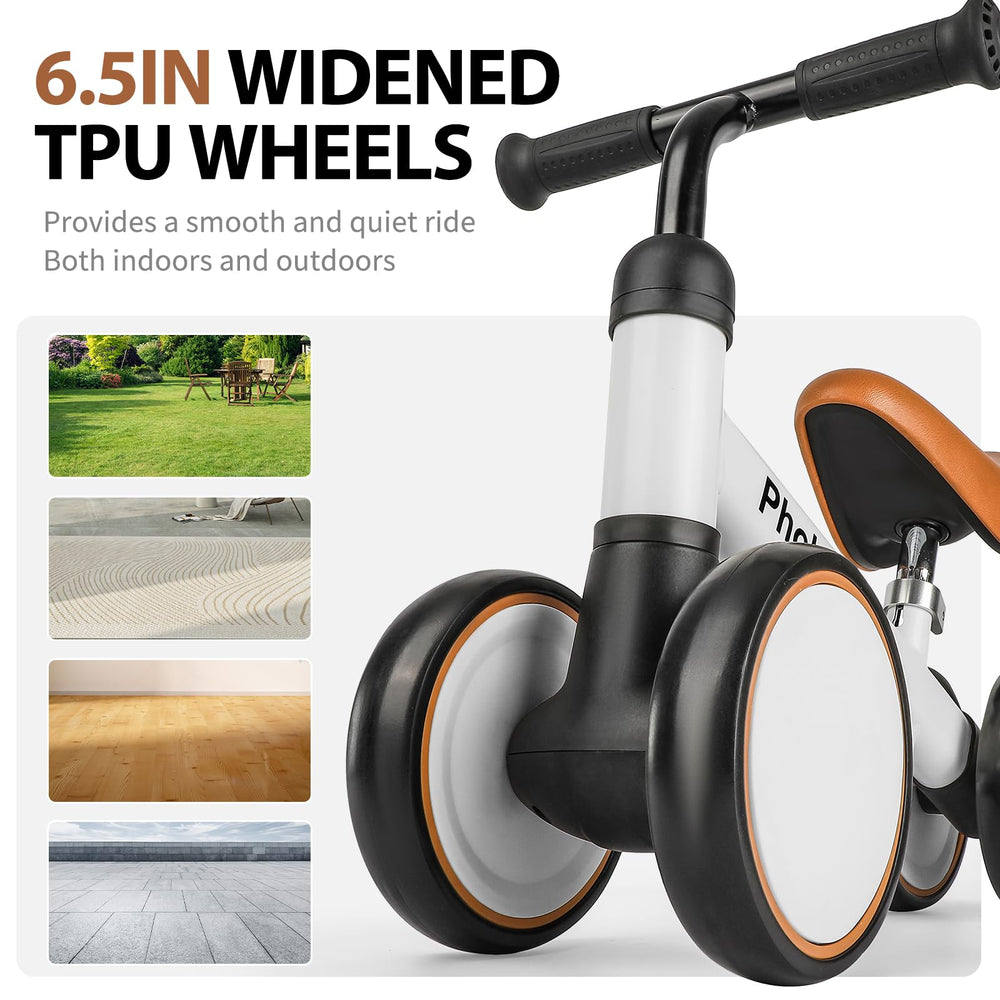 Phobby balance bike includes non-slip handles for secure grip.
