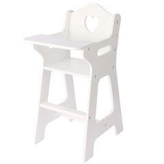 PHOKID 18-inch doll high chair in white and pink with secure fit for pretend meals.