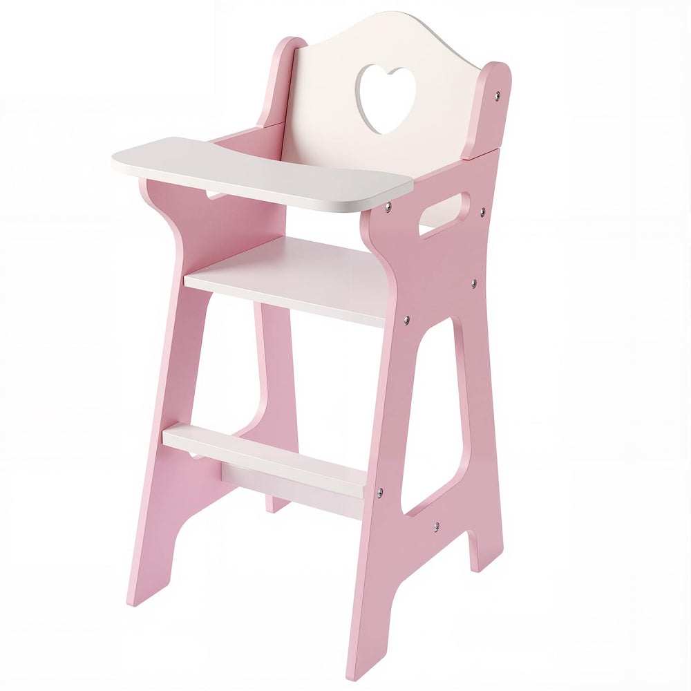 PHOKID doll high chair front view with pink backrest for pretend meals