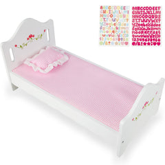 PHOKID wooden doll crib bed with a sturdy frame for durable pretend play.