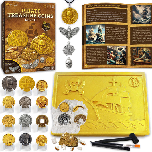 PIBEX pirate treasure coins dig: close-up of coins for hands-on STEM learning and collection.