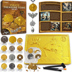 PIBEX pirate treasure coins dig: close-up of coins for hands-on STEM learning and collection.