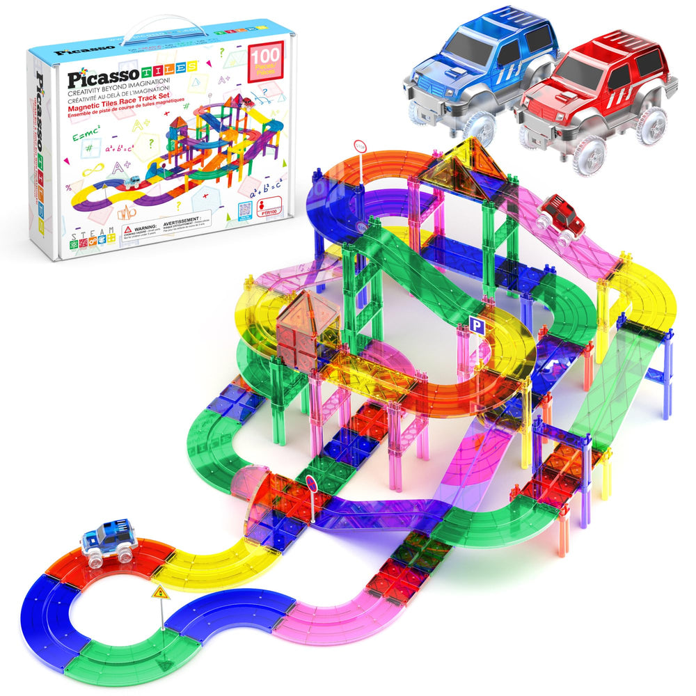 PicassoTiles 100pc race track base with magnetic tiles for STEM exploration and hands-on play.
