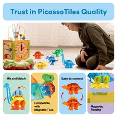 PicassoTiles playset box shot showcasing kids assembling dinos.