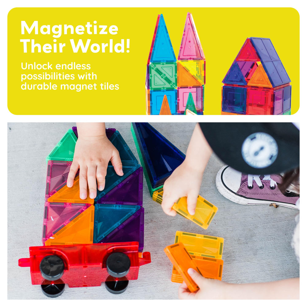 PicassoTiles kids explore magnets during hands-on play with truck set