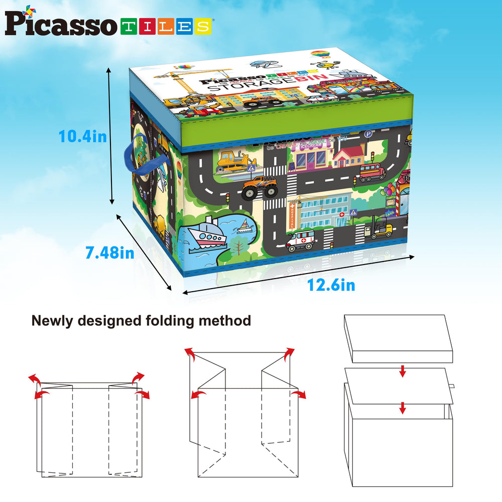 PicassoTiles magnet tile organizer bin keeps magnetic tiles neatly stored for quick setup.