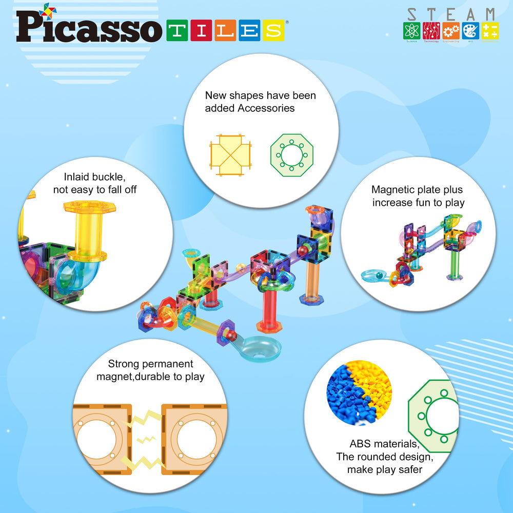PicassoTiles translucent tiles offer bright visuals for hands-on construction.