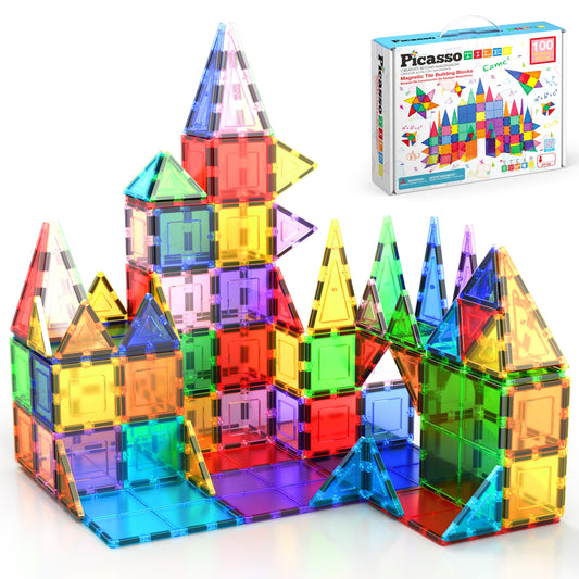PicassoTiles 100-piece set cover image showing scalable creativity for big builds.