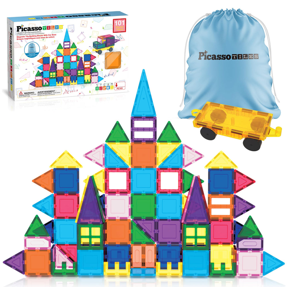 PicassoTiles 101 pcs magnetic tiles car for interactive learning and imaginative play.