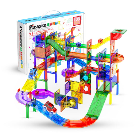 PicassoTiles 108pc magnetic marble run set showing modular tracks for hands-on STEM exploration.