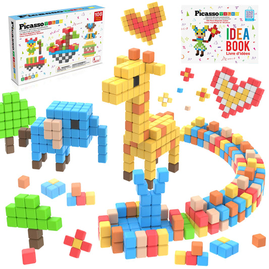 PicassoTiles 108pcs 1-inch cubes enable hands-on construction for fine motor growth.