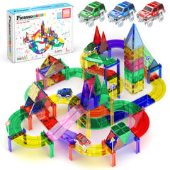 PicassoTiles 128pcs magnetic race car track set hero view shows bright tiles and cars for creative play