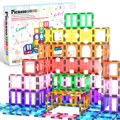 PicassoTiles 42pcs magnetic tiles see-through shapes spark creative play and early STEM exploration.