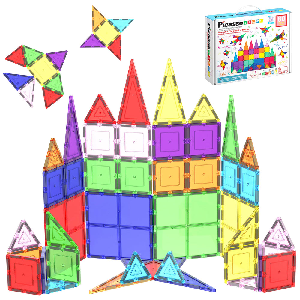 PicassoTiles 60-piece magnetic tiles for open-ended construction play and exploration
