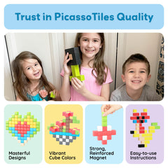 PicassoTiles idea book open showcases 40+ builds to spark design thinking.