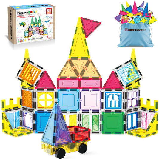 PicassoTiles 61-piece magnetic tiles set for imaginative building and fine motor practice.