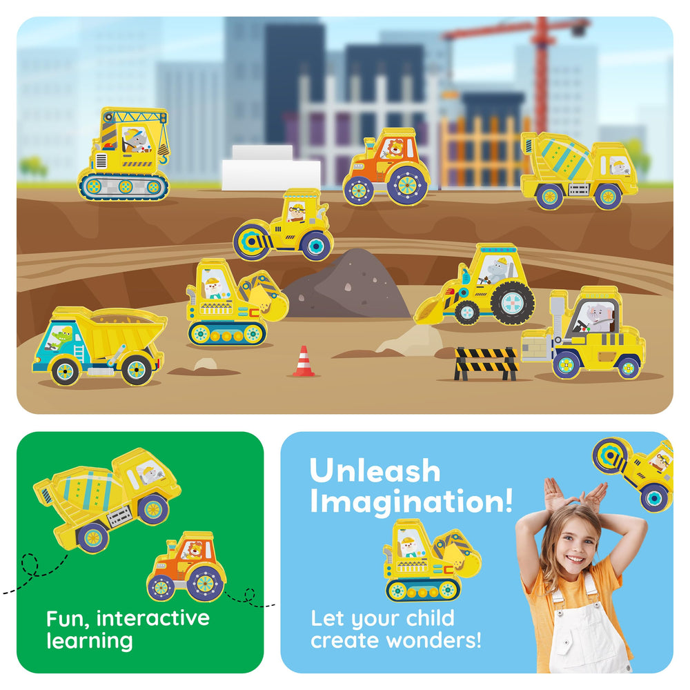 PicassoTiles action figures road roller unlocks tactile, construction-themed storytelling.