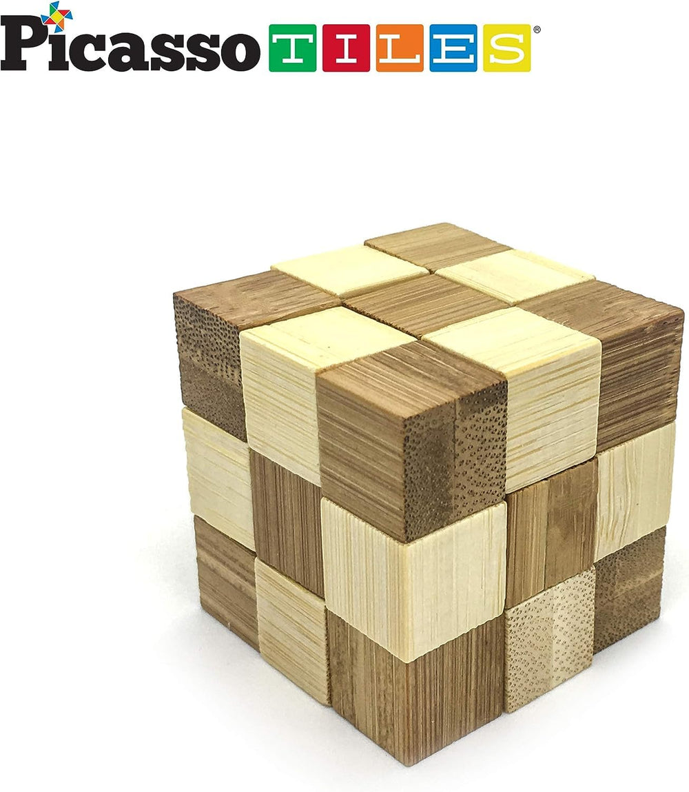PicassoTiles assembly-in-progress wooden puzzle shows hands solving a multitask challenge