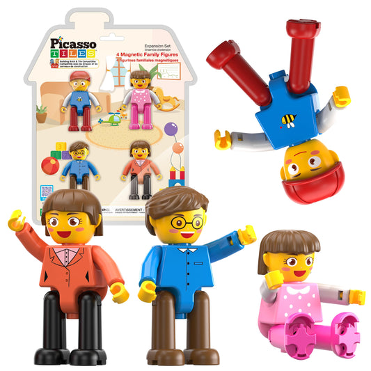 PicassoTiles family figures with magnetic bases enable imaginative play.