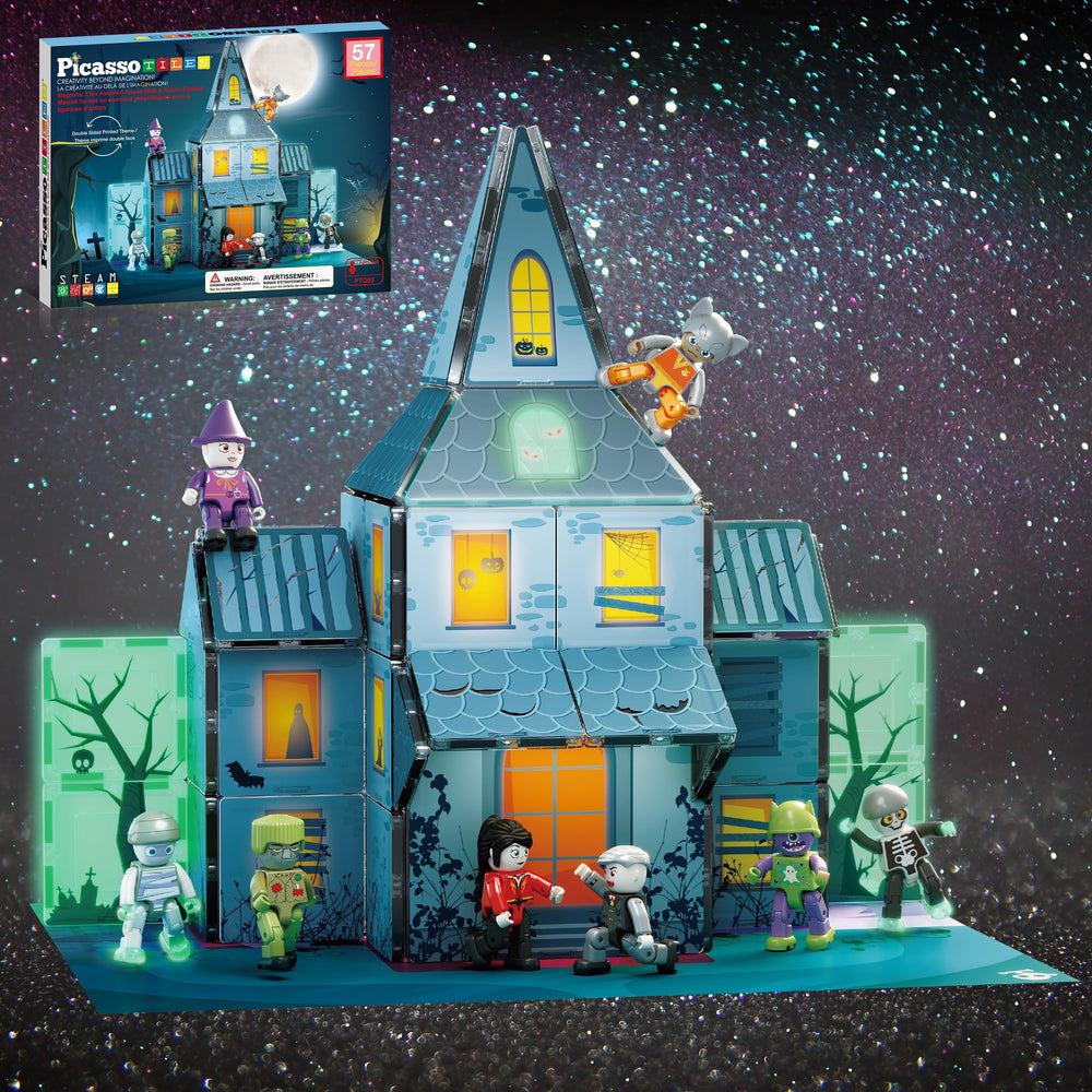 PicassoTiles haunted house tiles showing eerie doors and bricks for imaginative storytelling.