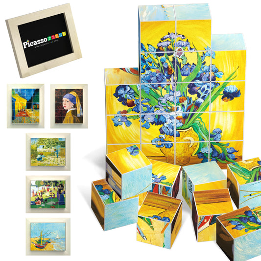 PicassoTiles iris puzzle cubes showcase vibrant art and fine motor skill development.
