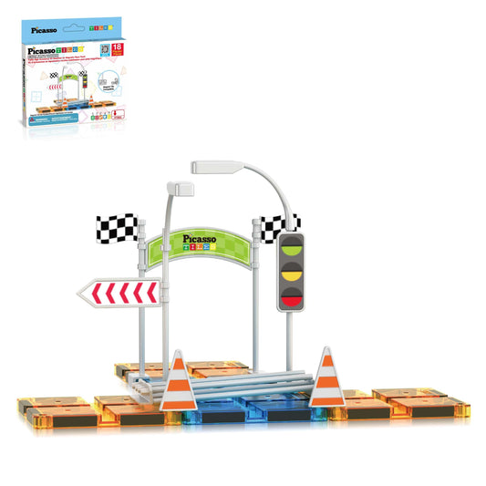 PicassoTiles magnet race track addon kit expands play with new magnetic pieces and tracks.