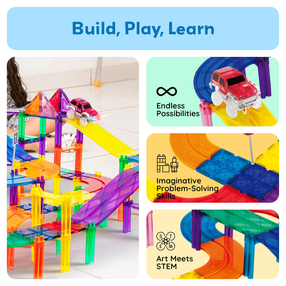 PicassoTiles magnetic tiles ready for multi-piece construction and STEM exploration.