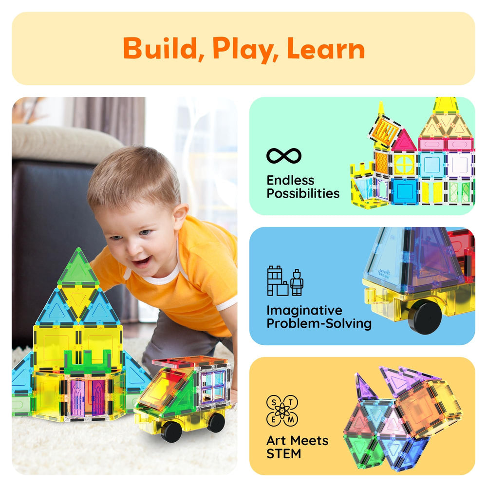 PicassoTiles magnetic tiles allow tool-free assembly for quick creativity.