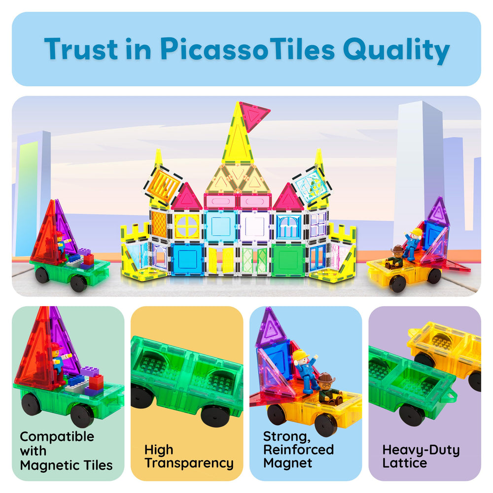 PicassoTiles magnetic tiles integrate with blocks for versatile storytelling and engineering play.