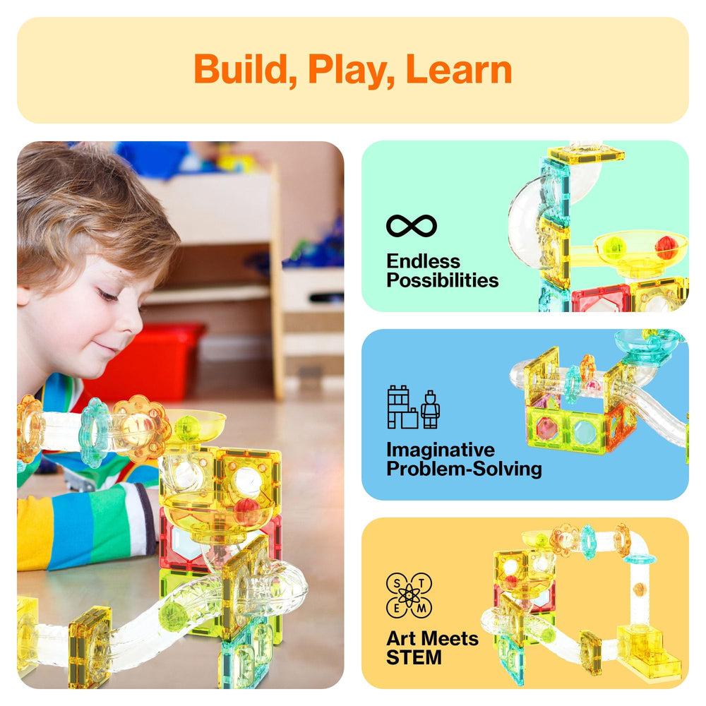 PicassoTiles marble run assembly pieces show easy connections for longer mazes and complex designs.
