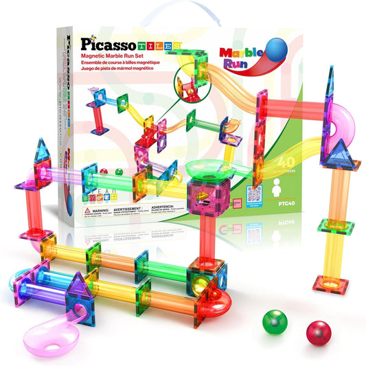 PicassoTiles marble run tower assembly demonstrates modular play and problem-solving.