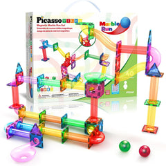 PicassoTiles marble run tower assembly demonstrates modular play and problem-solving.