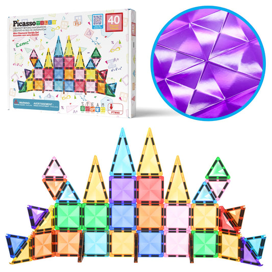 PicassoTiles Mini Diamond Tiles close-up showing magnetic diamonds for open-ended play and STEM exploration.