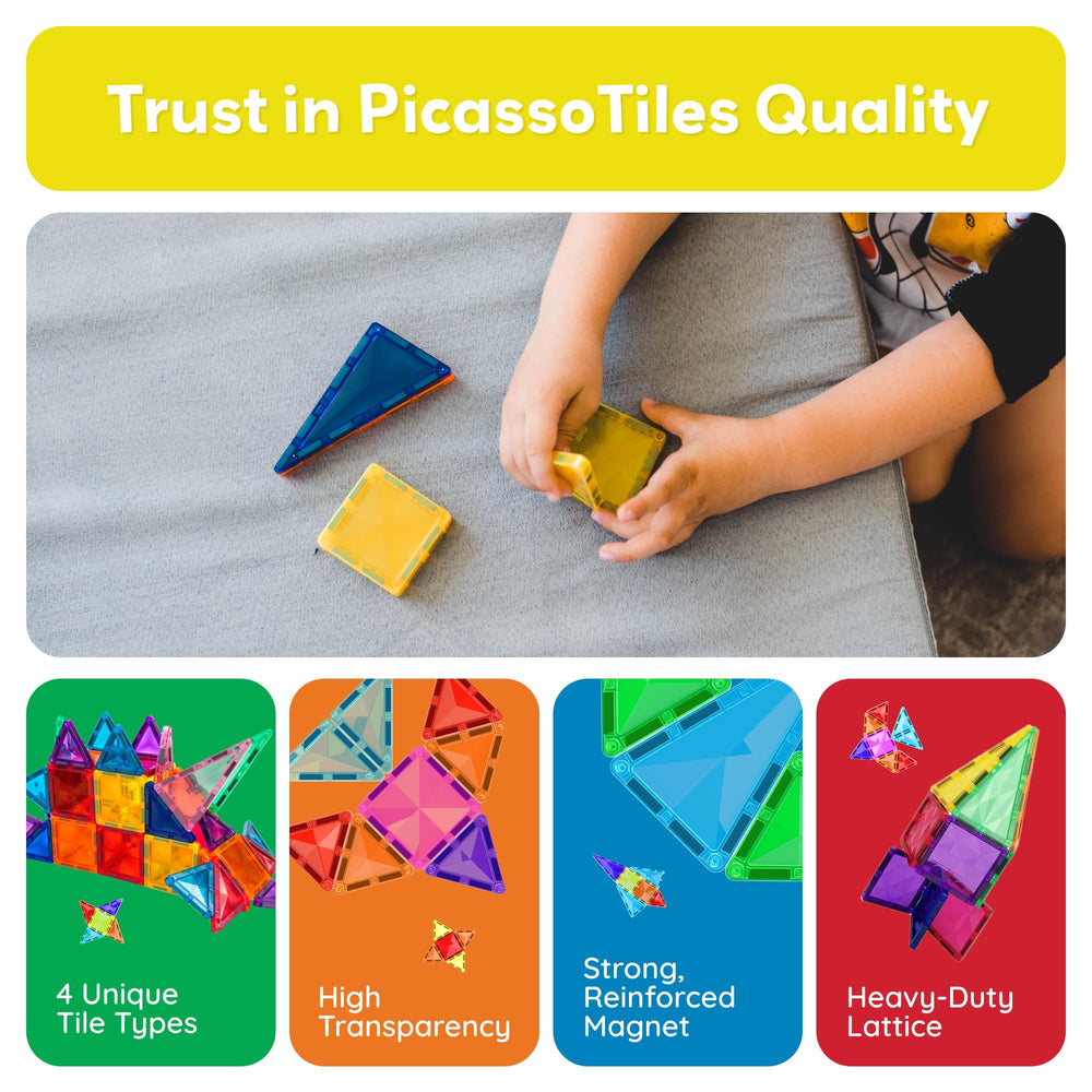 PicassoTiles mini tiles aid hand-eye coordination during early STEM tasks.