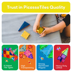 PicassoTiles mini tiles aid hand-eye coordination during early STEM tasks.